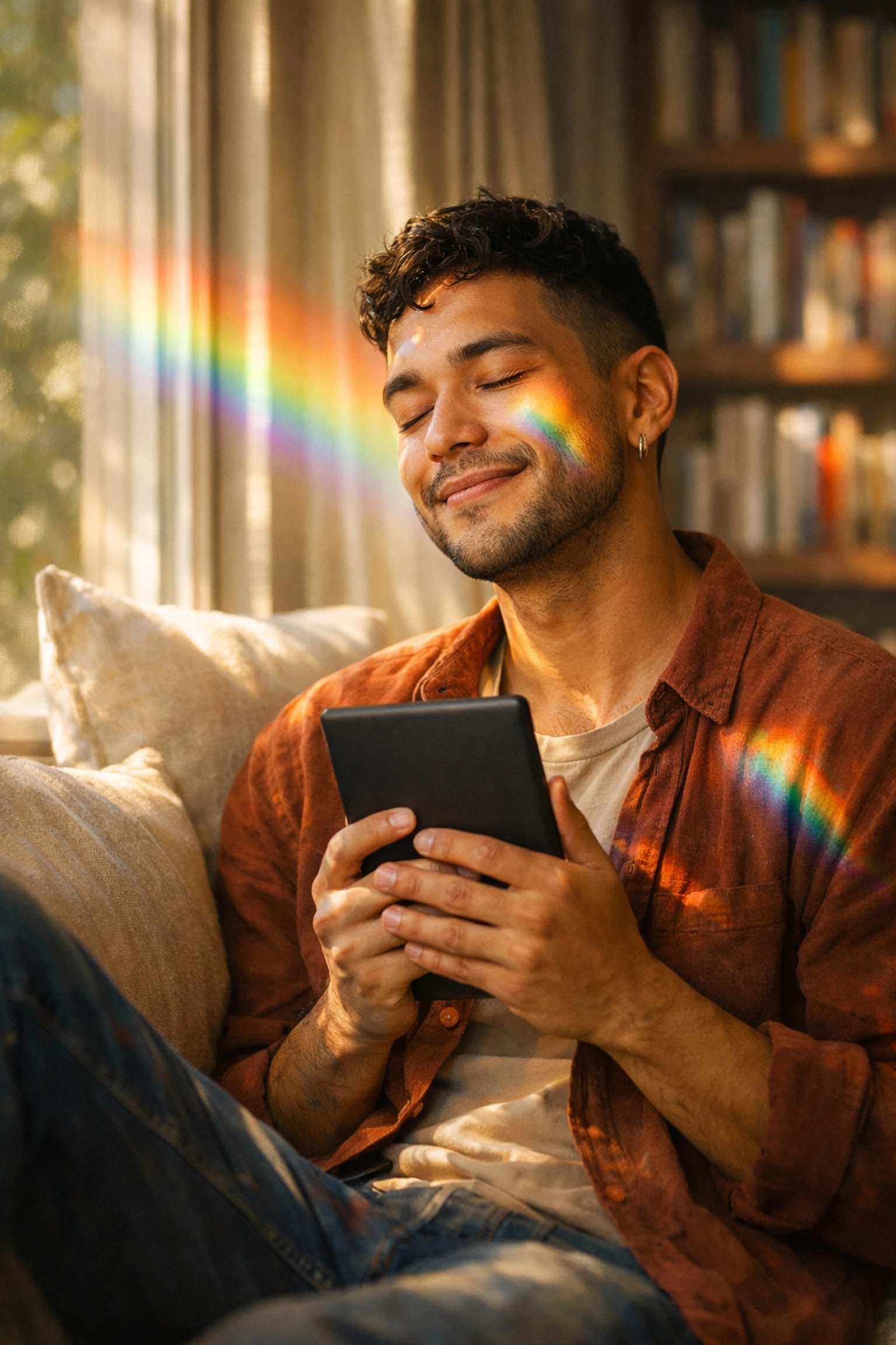Young gay man finding representation while reading an LGBTQ+ e-book in a cozy home library.