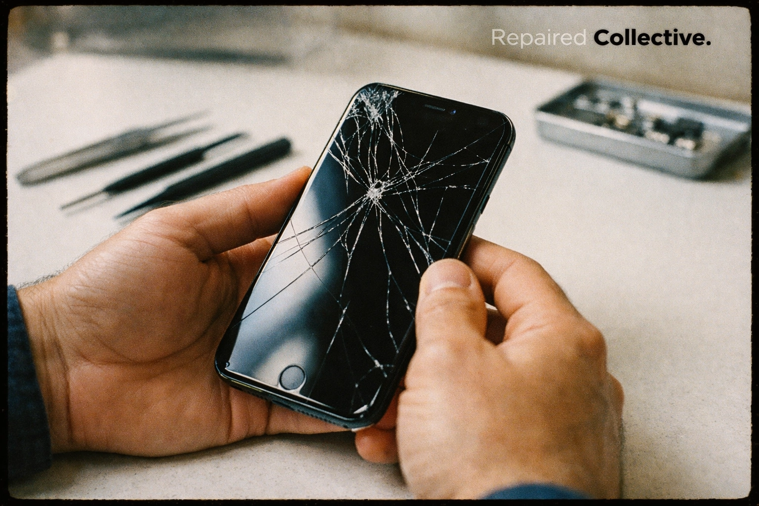 Cracked iPhone screen being inspected with professional repair tools on workbench in NYC
