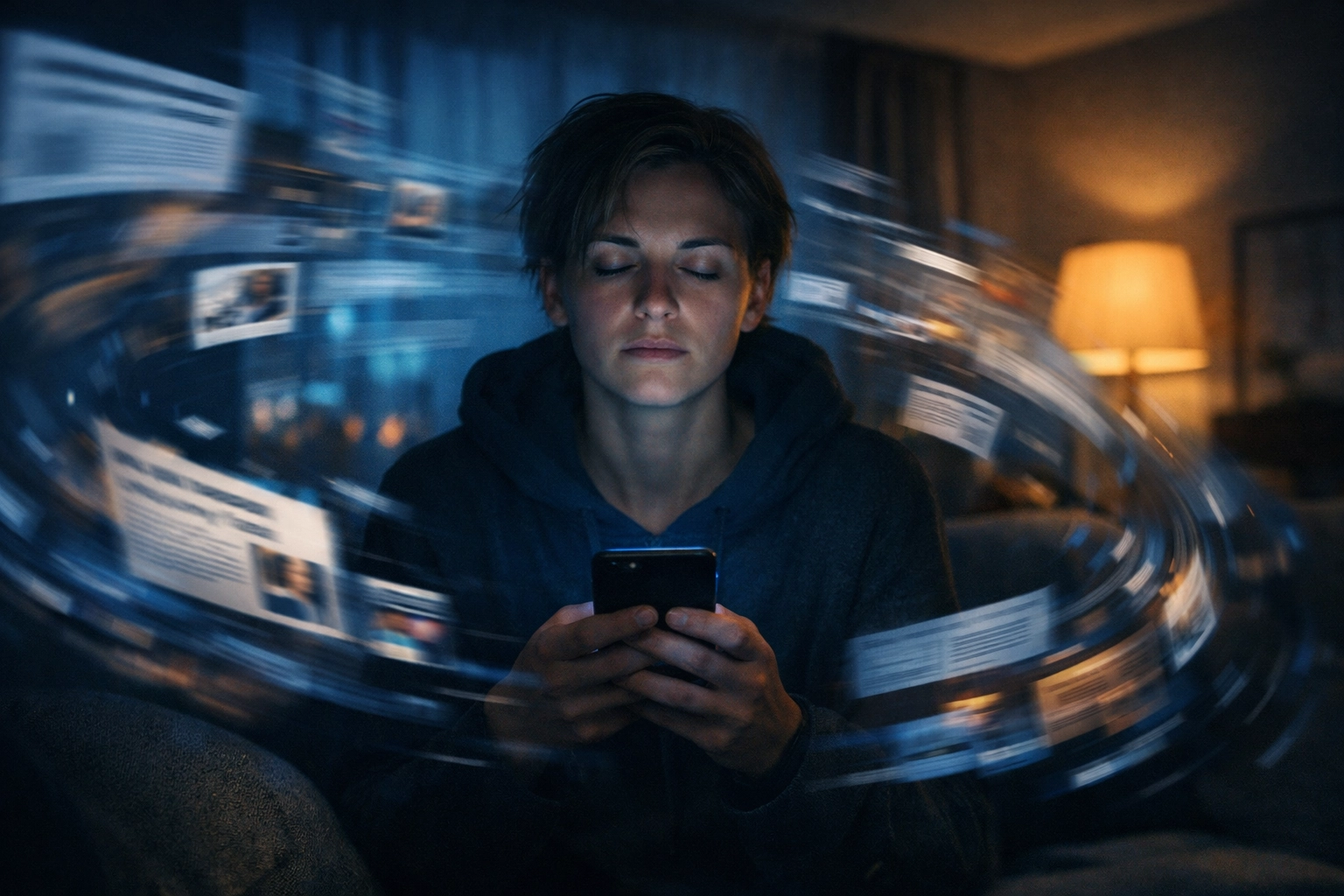 Person seeking relief from headline stress and digital news exhaustion in a dark living room.