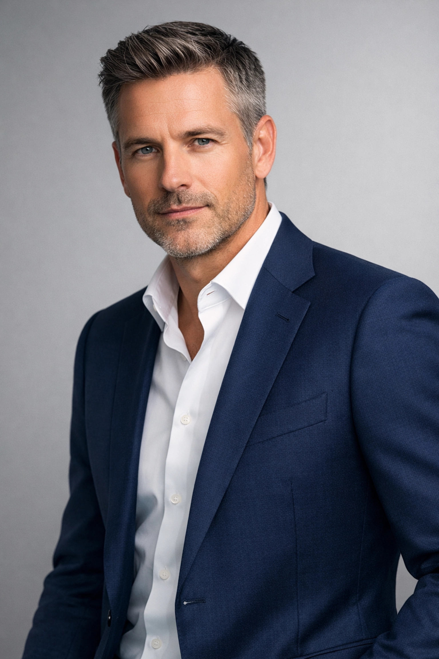 Male executive in a tailored navy blazer showing professional corporate headshot tips for wardrobe.