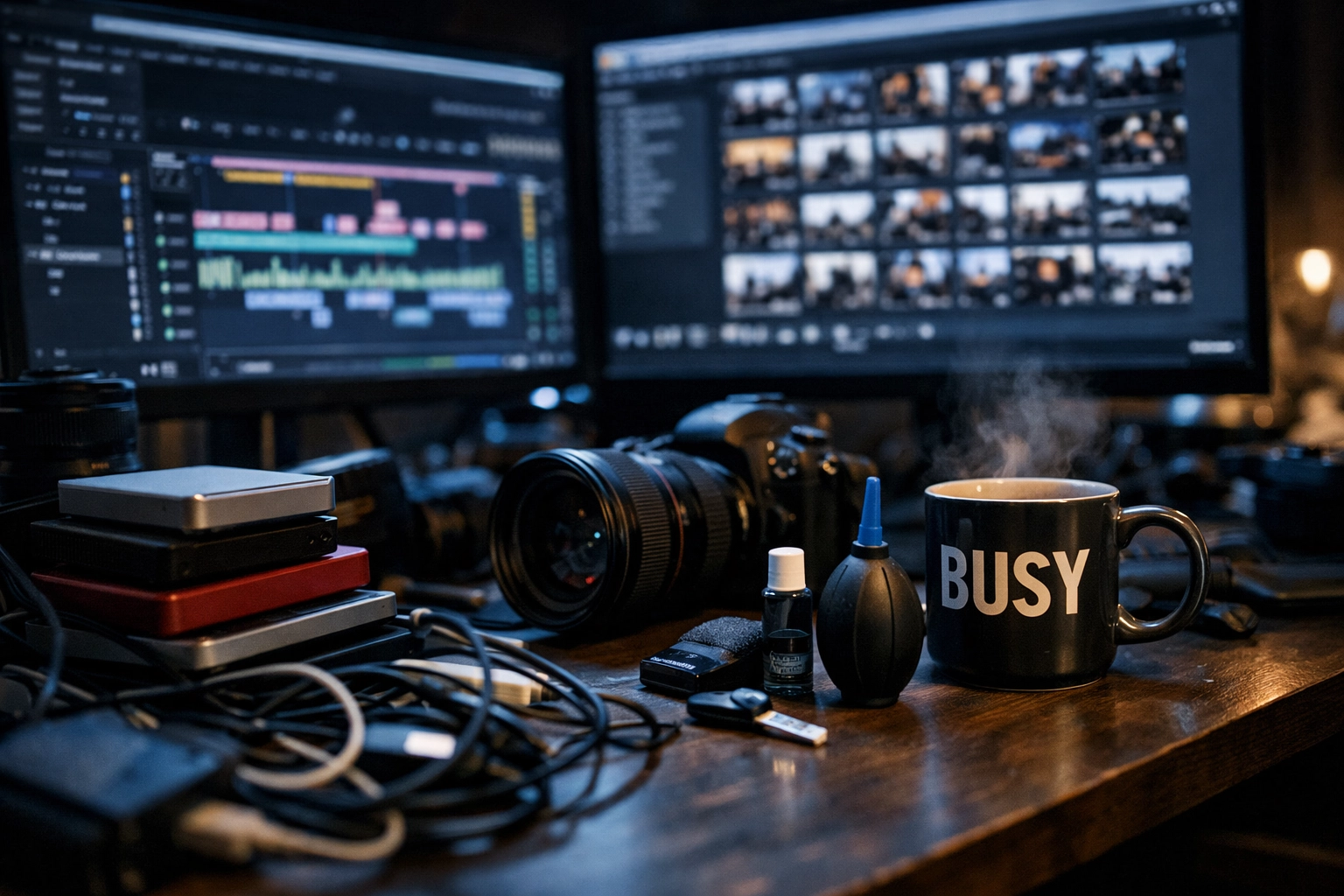 A cluttered photographer workspace showcasing professional photography gear and late-night editing tasks.