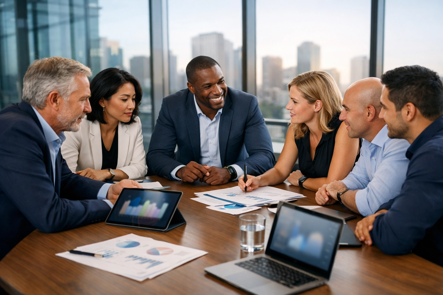 Professional executives in a boardroom session focused on media assets and corporate growth strategy.