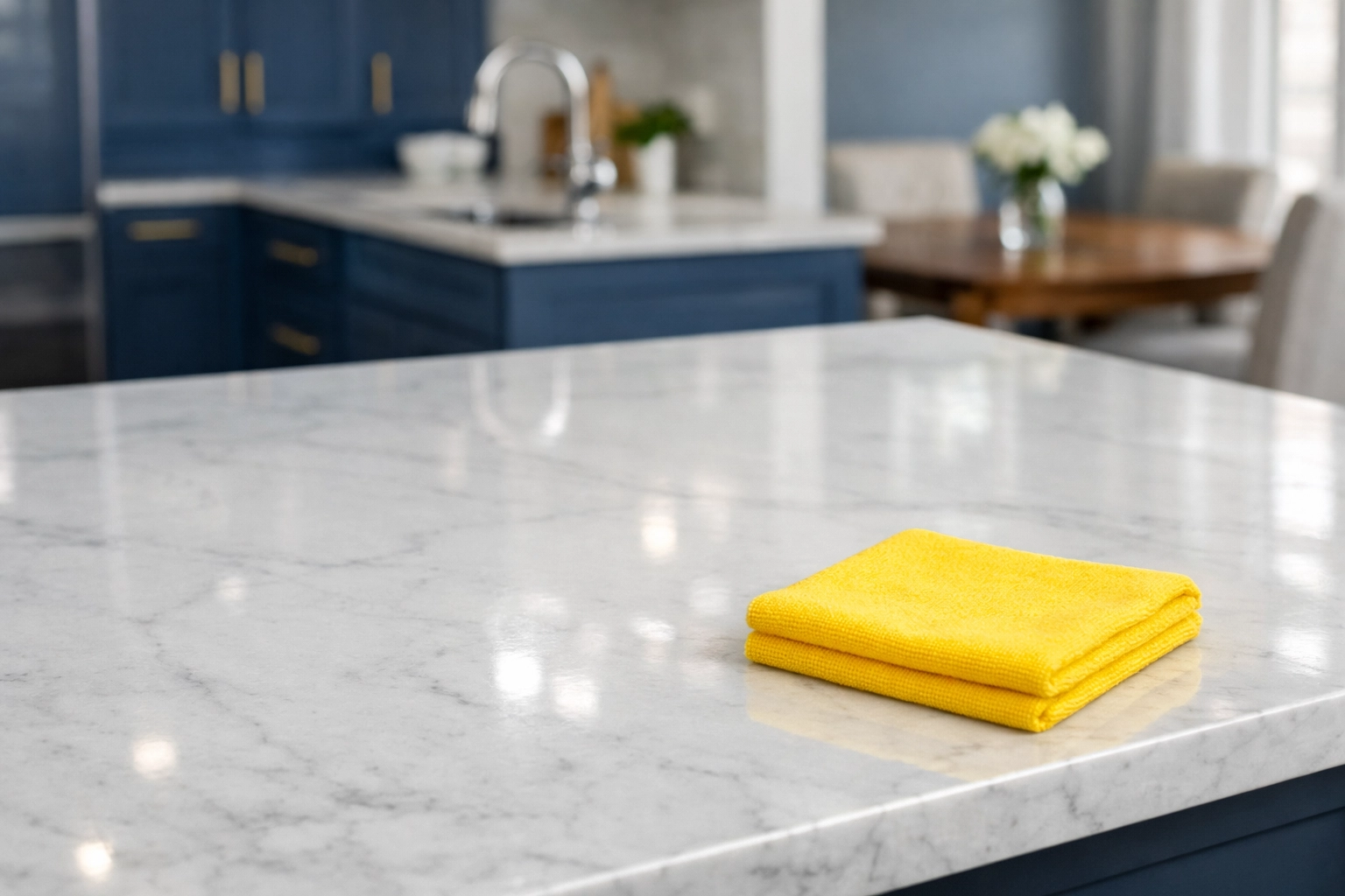 Polished marble kitchen island after a professional deep cleaning service in Natick MA.