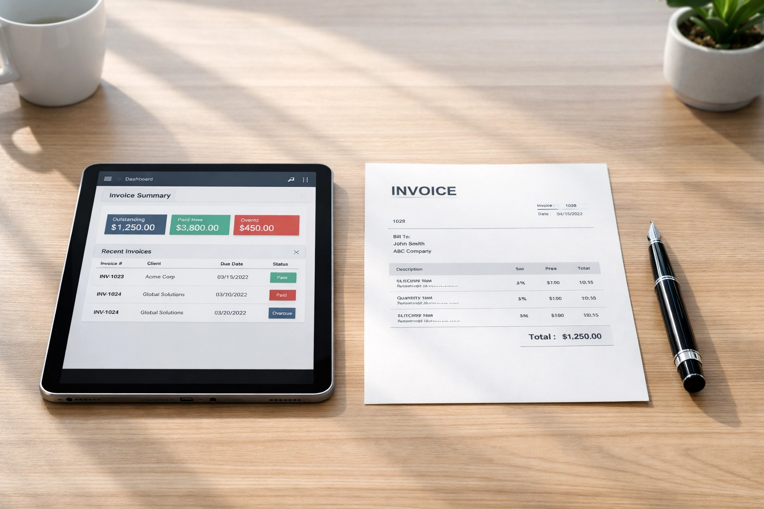 Tablet and invoice on a modern desk representing digital record keeping for tax season organization.