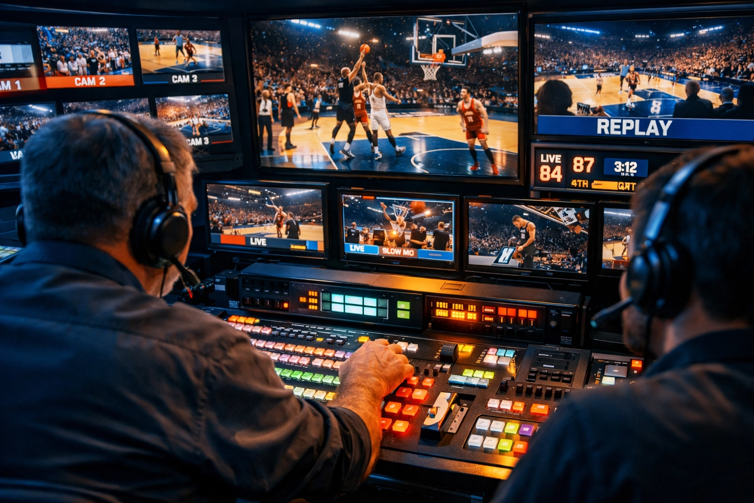 Live sports broadcast control room with video switchers and multiple camera feeds