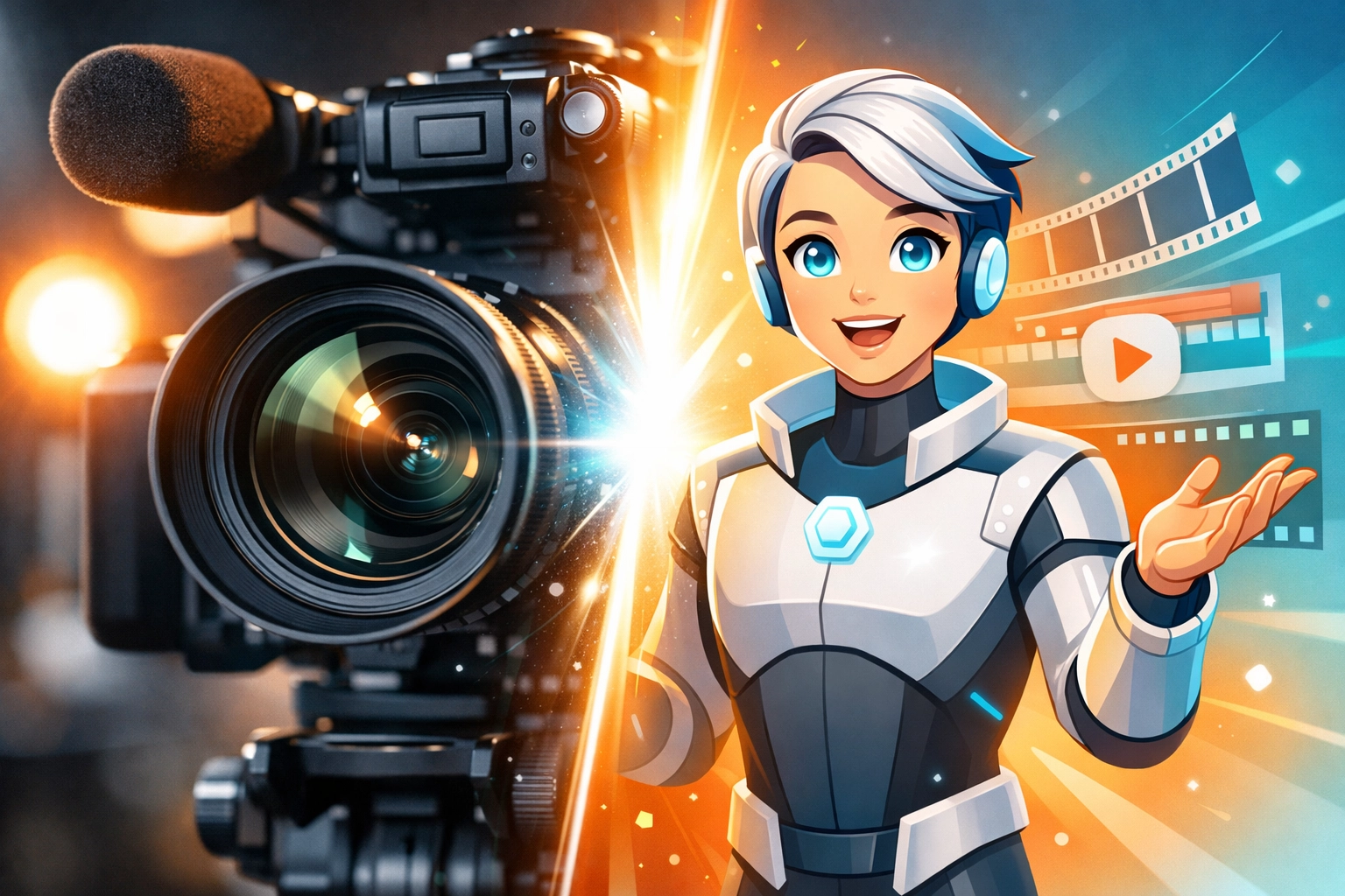 AI video generation concept showing camera and synthetic presenter for small business marketing content