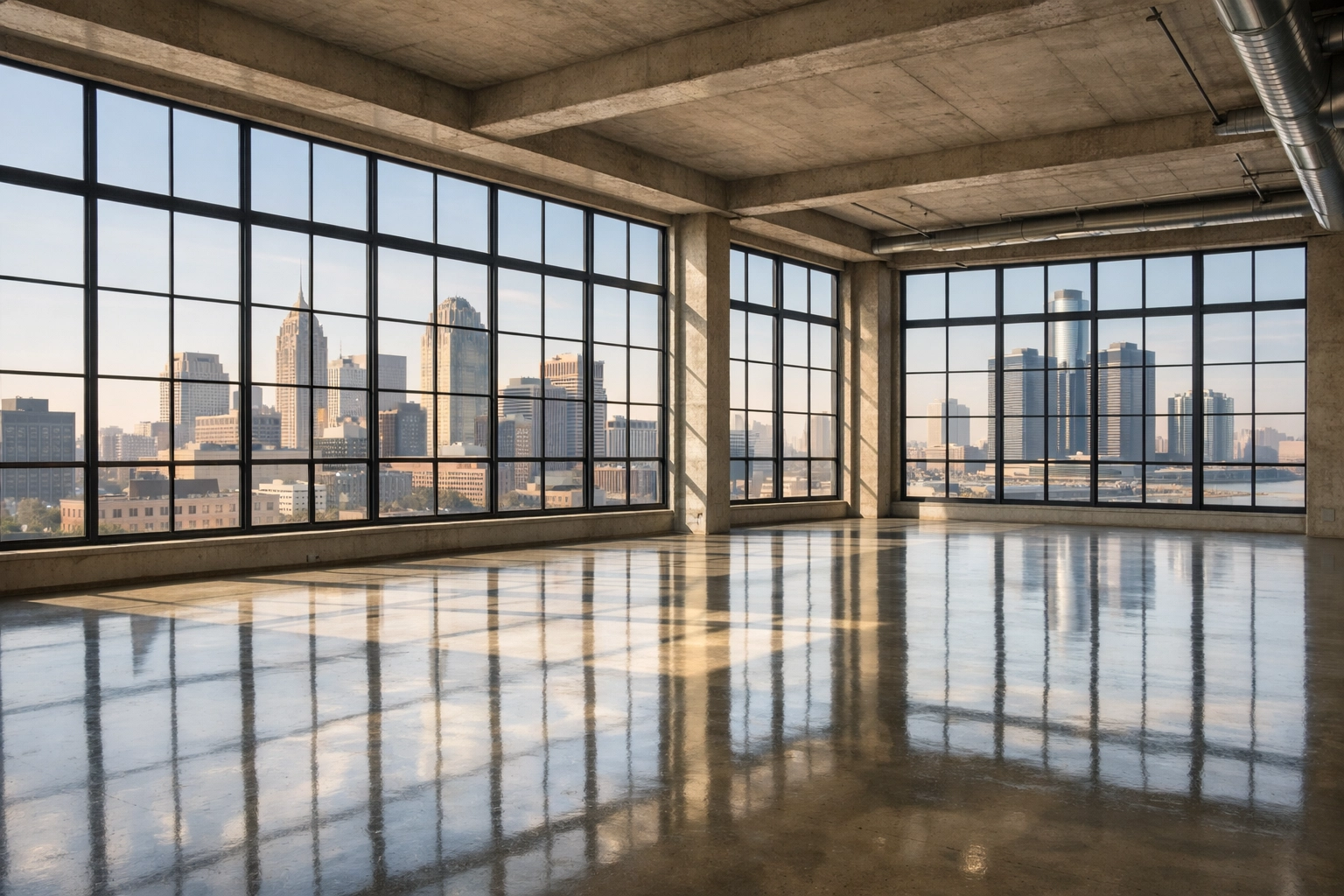 A professionally cleaned vacant loft in Detroit ready for immediate tenant move-in and turnover.