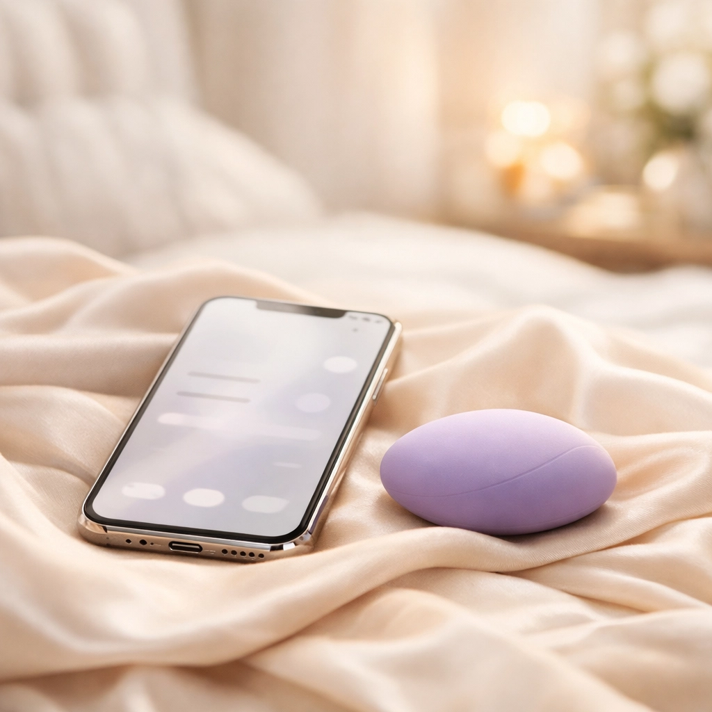 A lavender app-controlled intimacy device and smartphone on silk for remote-controlled couples pleasure.