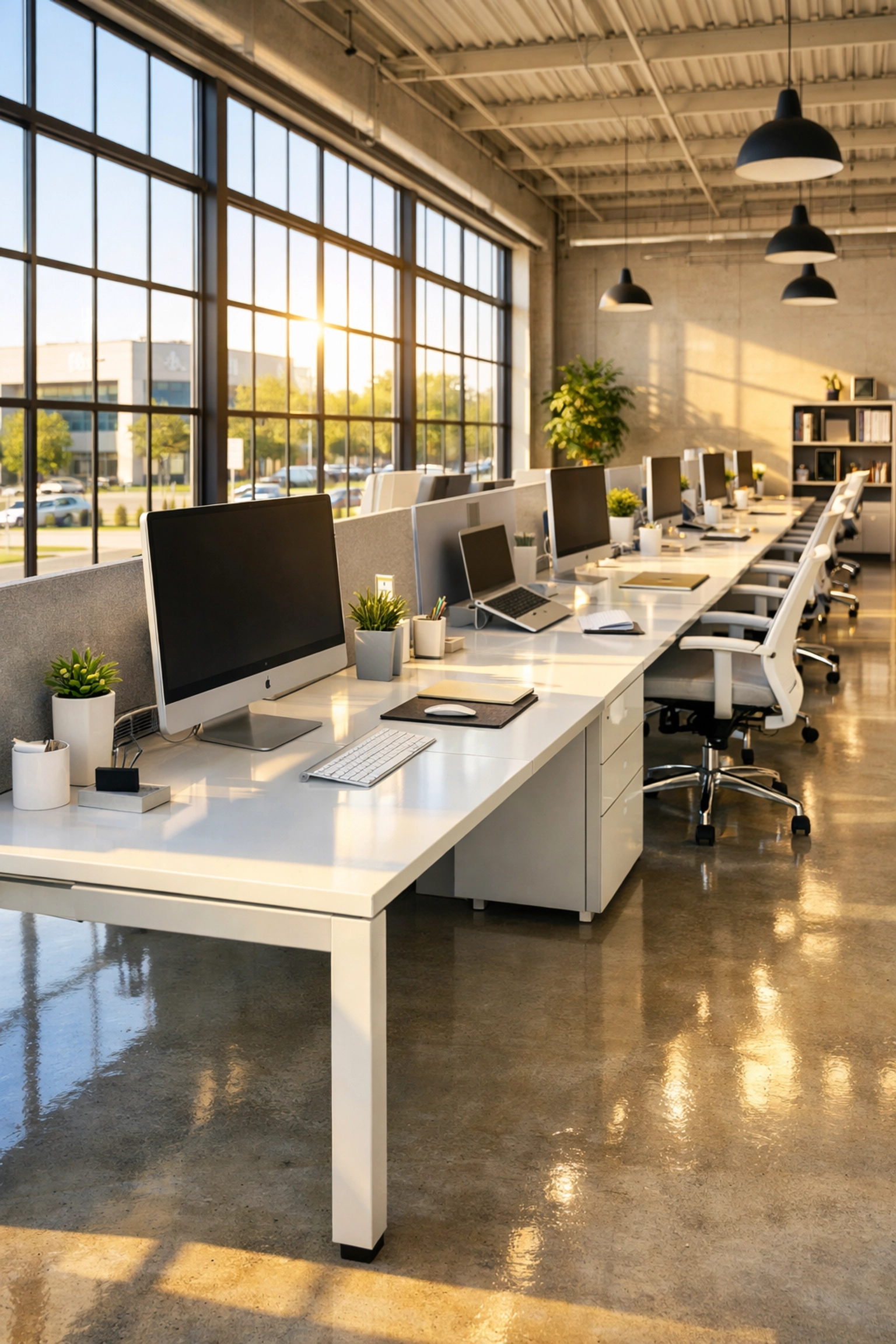 Sun-drenched productive workspace in Carlisle showcasing expert commercial cleaning maintenance.