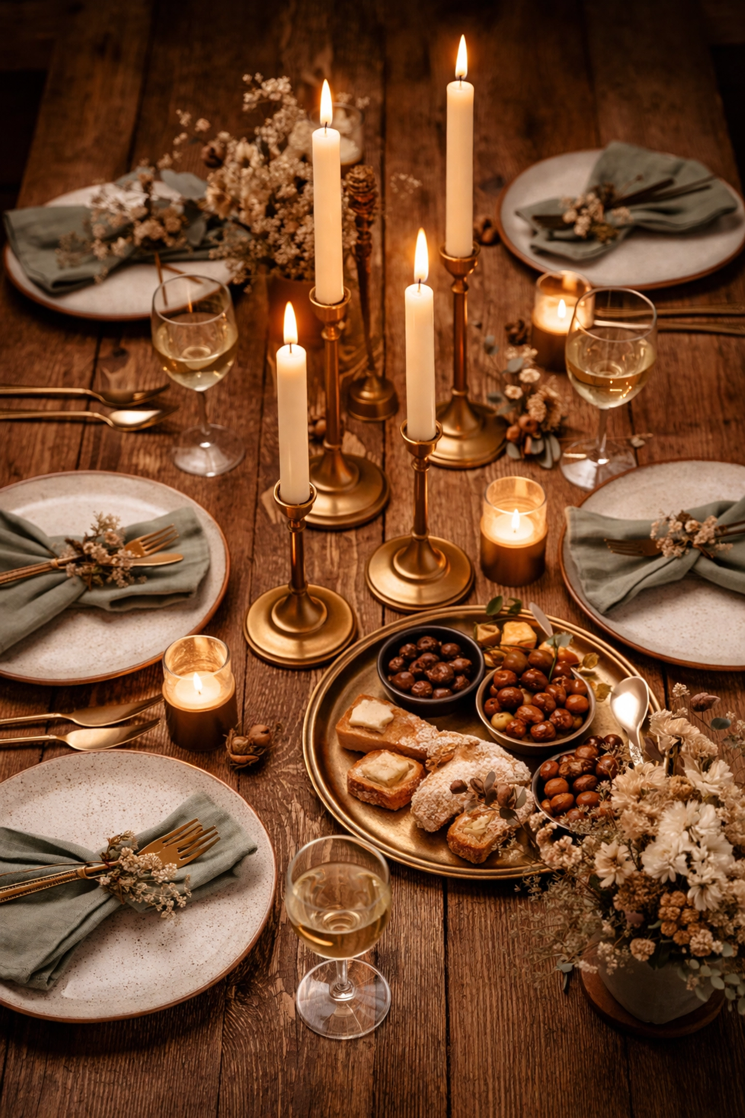 Rustic dining table set for dinner with assorted brass candlesticks and creamy taper candles as centerpiece.