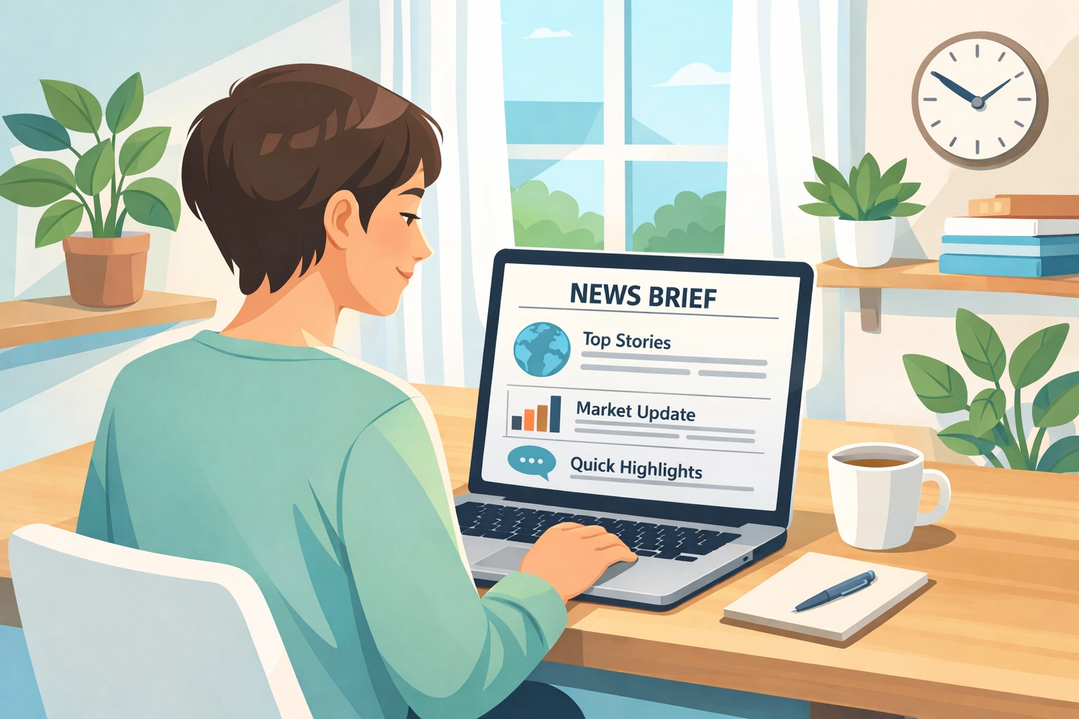 Person calmly reading organized news brief at peaceful home office desk