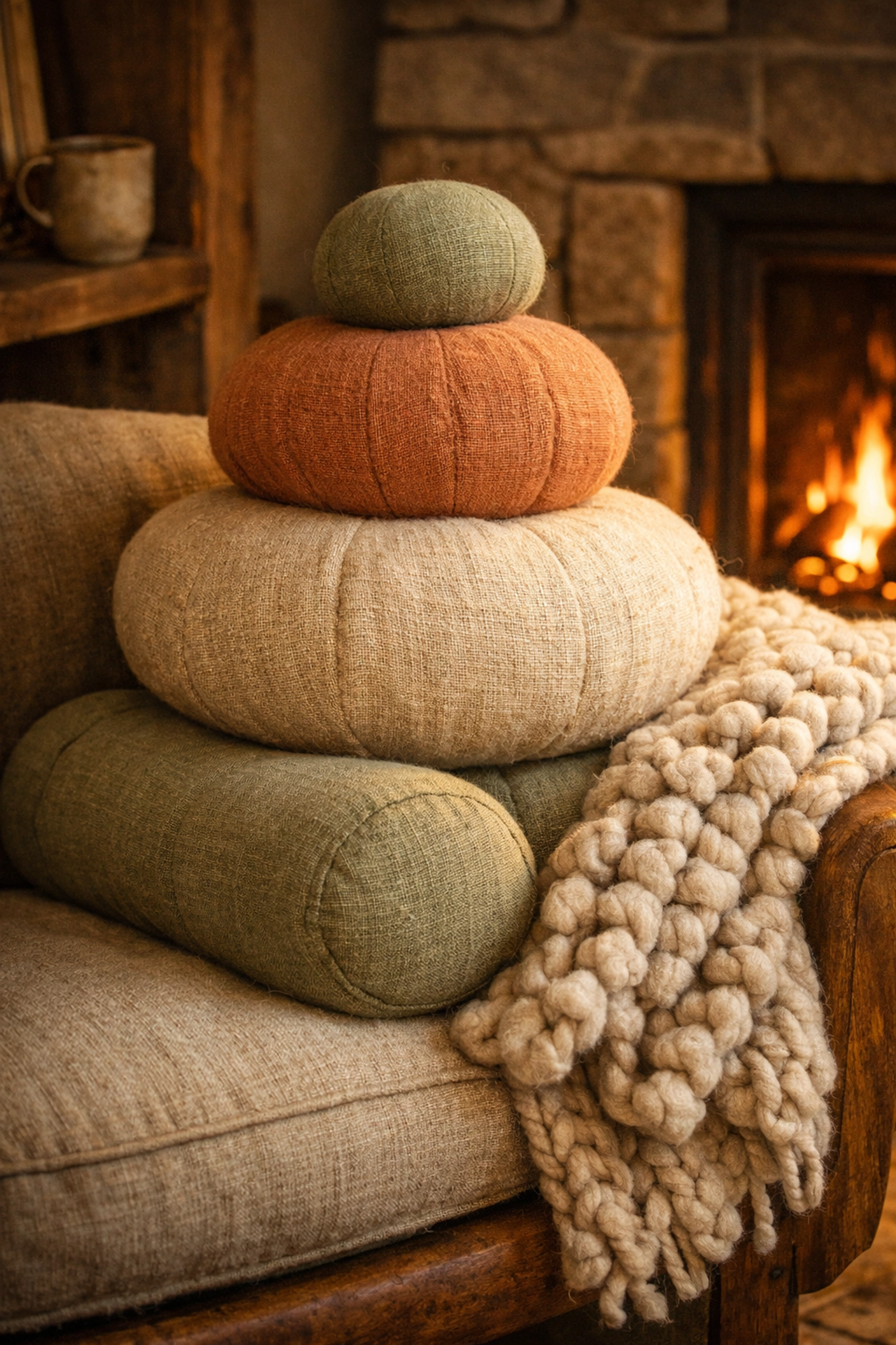 Cozy reading nook with handcrafted spherical pillows and soft sculptural textiles.