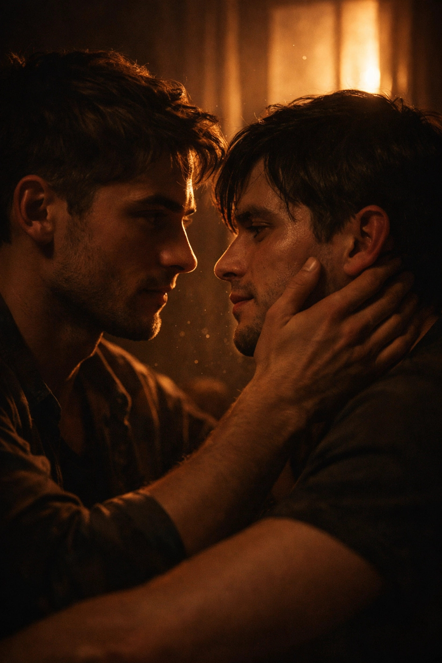 Two men in an intimate moment reflecting queer identity and self-discovery in MM romance.