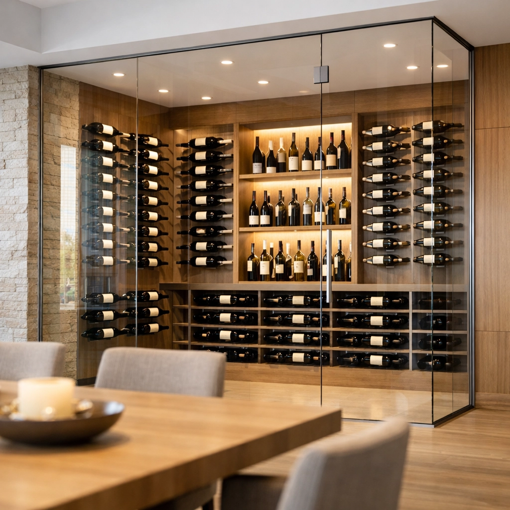 Frameless floor-to-ceiling glass wine enclosure featuring modern performance glass technology.