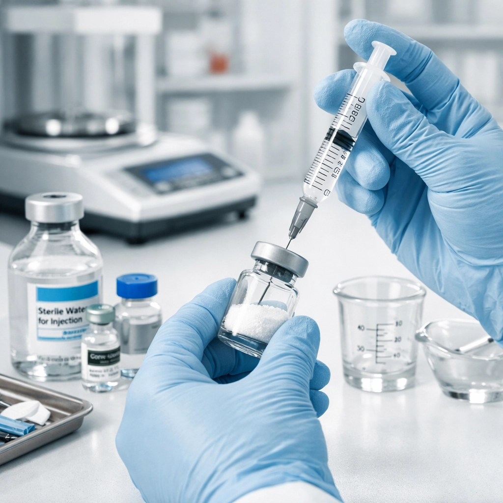 Pharmacist preparing compounded semaglutide in sterile pharmacy environment