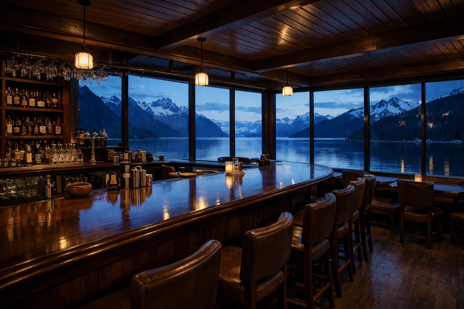 A peaceful Alaskan bar overlooking a fjord, highlighting the importance of liquor liability insurance for restaurants.