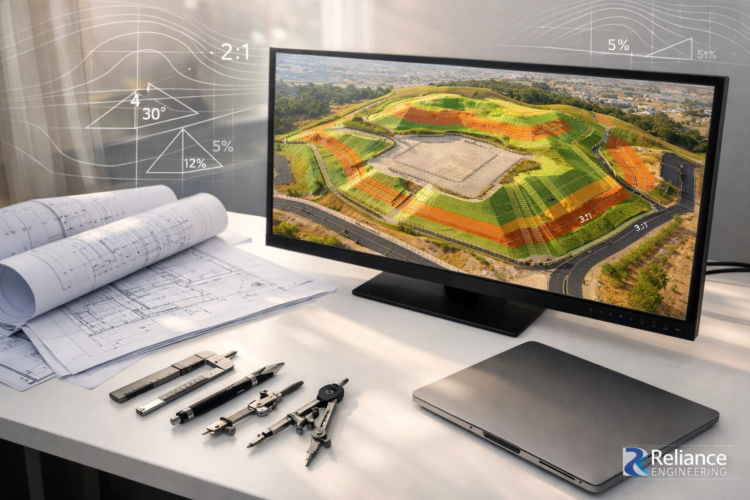 Modern engineering workspace in Ontario showing a digital site grading plan and technical blueprints.