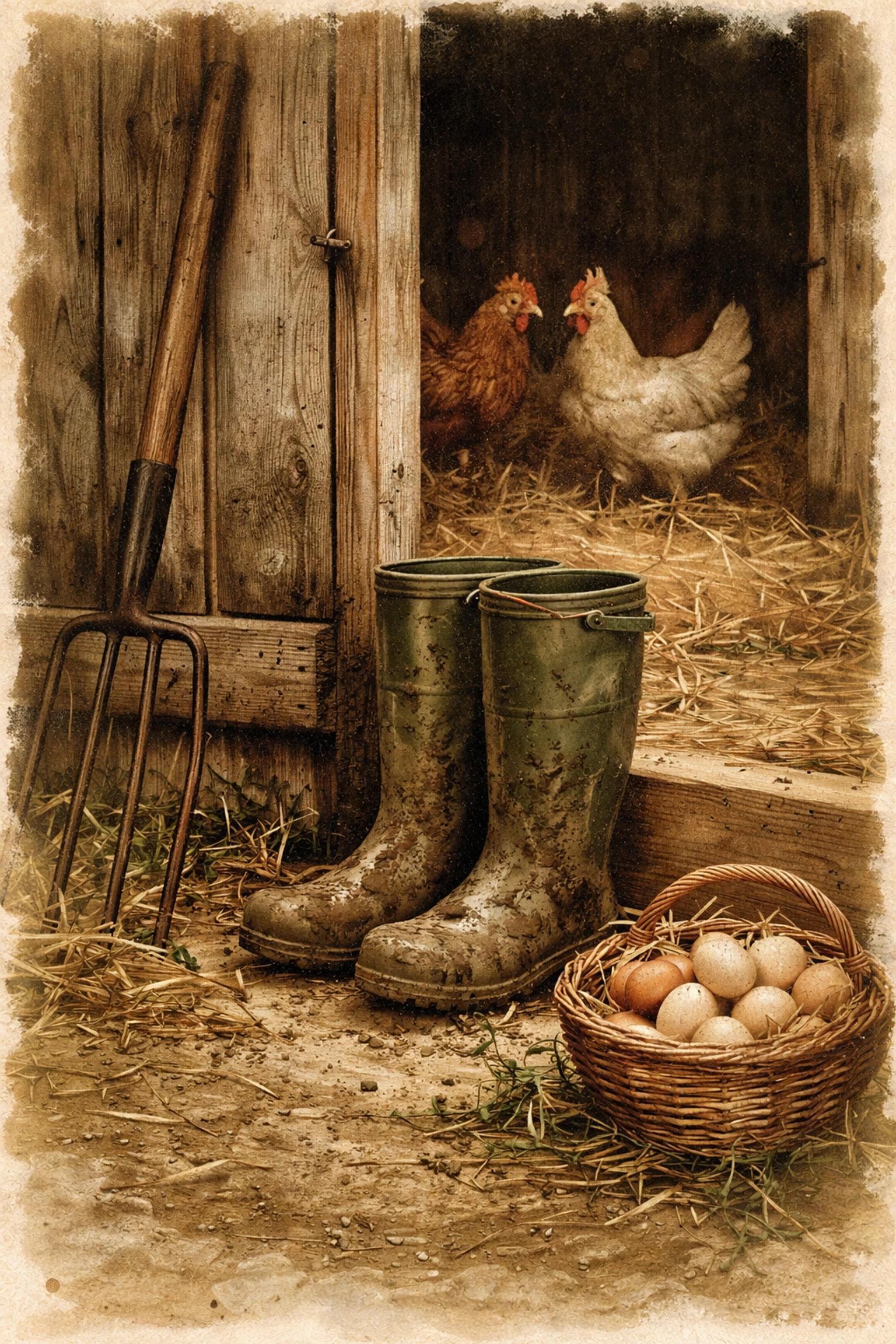 Muddy boots, a pitchfork, and a basket of fresh eggs outside a coop show daily hands-on care and stewardship at Faithful Flock Farm.