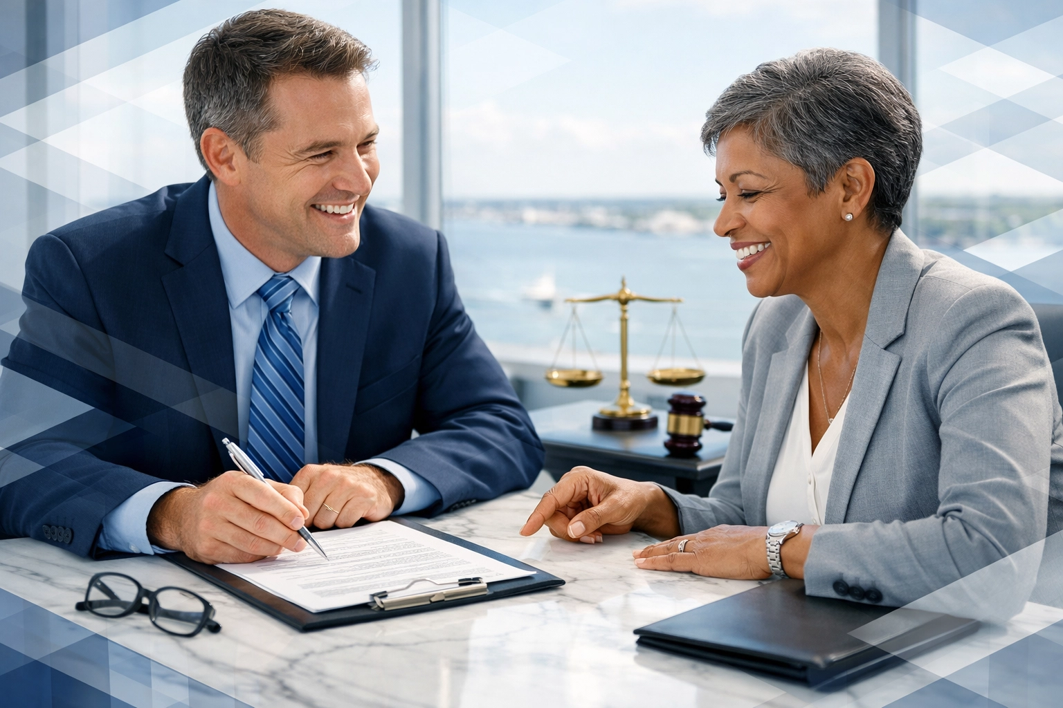 Attorney and client discussing legal strategy at a Hampton Roads law firm for a smooth divorce process.