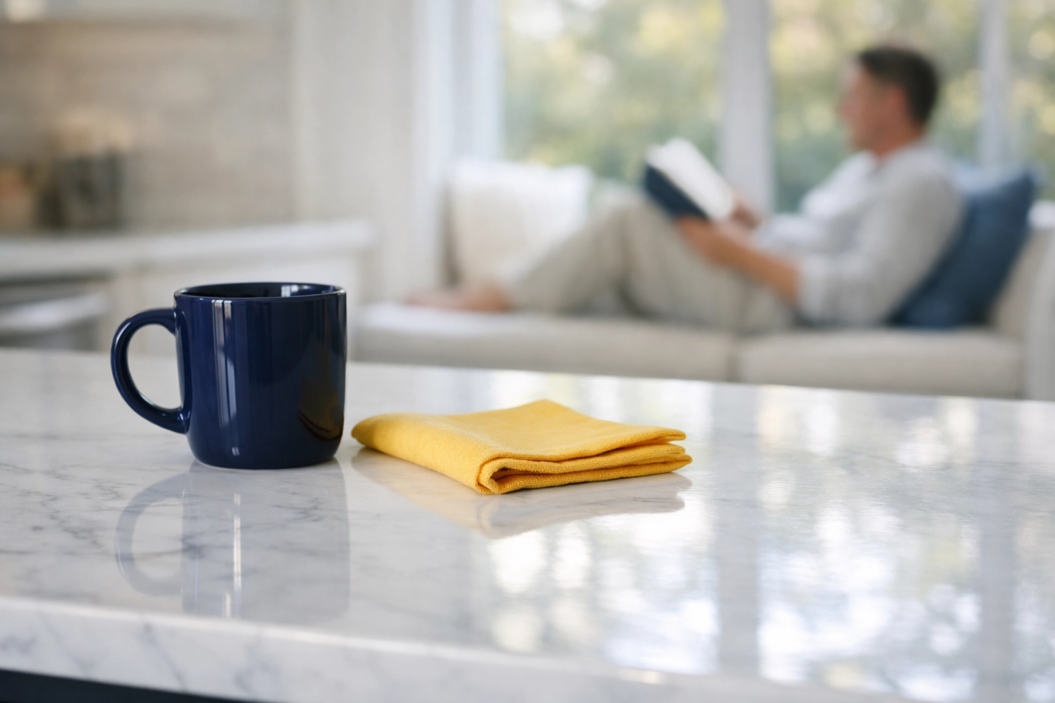 Spotless white marble kitchen counter reflecting the stress-free lifestyle of weekly house cleaning Wellesley MA.