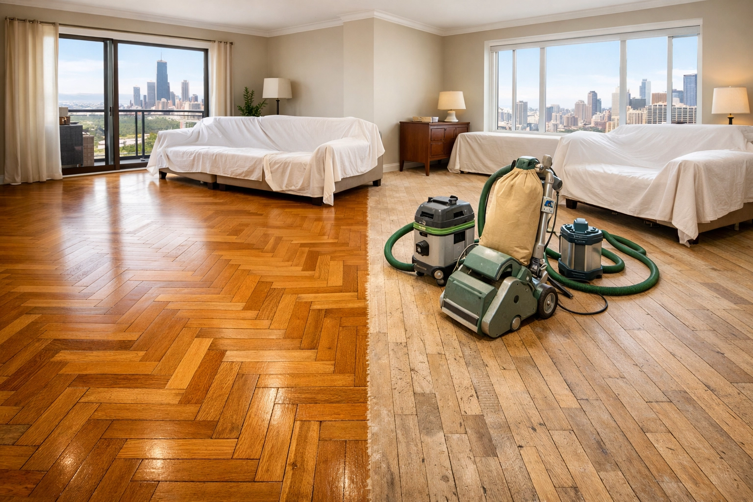 Dustless hardwood floor refinishing in progress showing herringbone pattern in Chicago living room