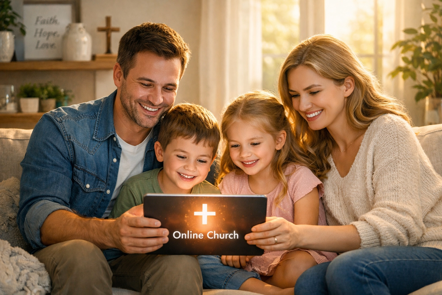 A family using a tablet to join Boundless Online Church from their bright living room.