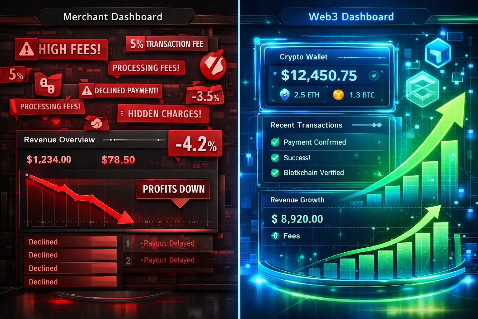 Traditional payment processor vs Web3 merchant dashboard comparison showing fee reduction benefits