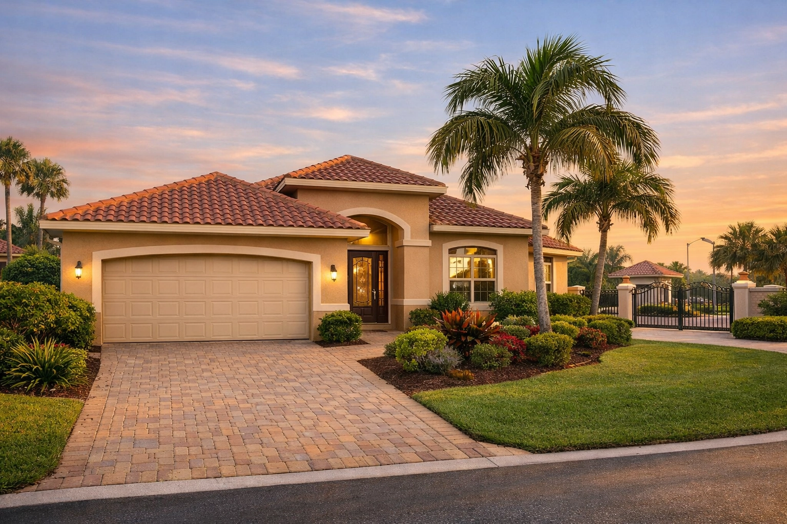 Modern Southwest Cape Coral home with gated community and landscaped front yard
