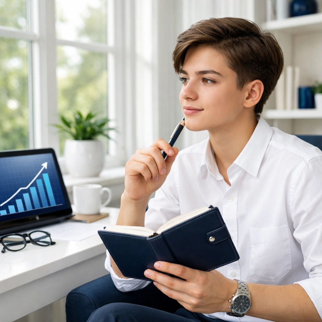 Young professional in a Texas home office reviewing a credit growth chart on a digital tablet.