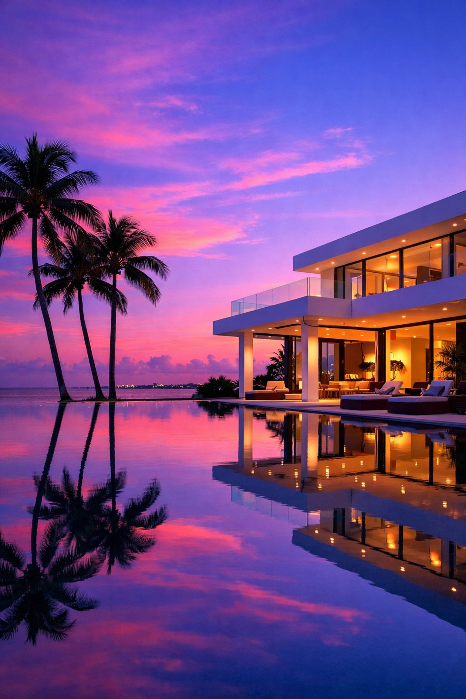 Luxury brand photography miami at a modern beachfront villa with an infinity pool during the Miami golden hour.