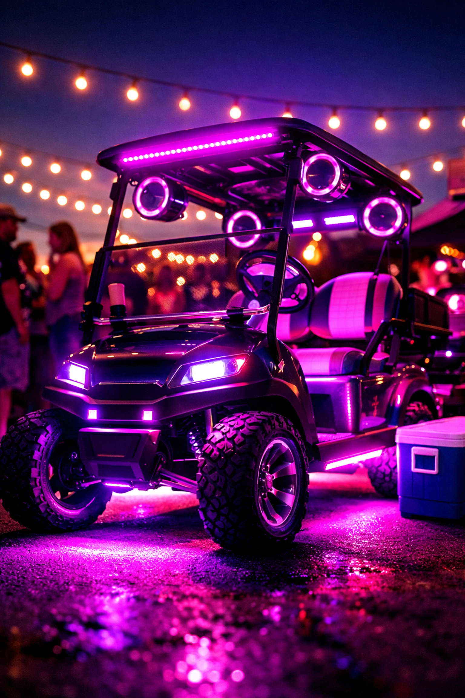 Customized golf cart with RGB LED underglow and lighting package at tailgate party