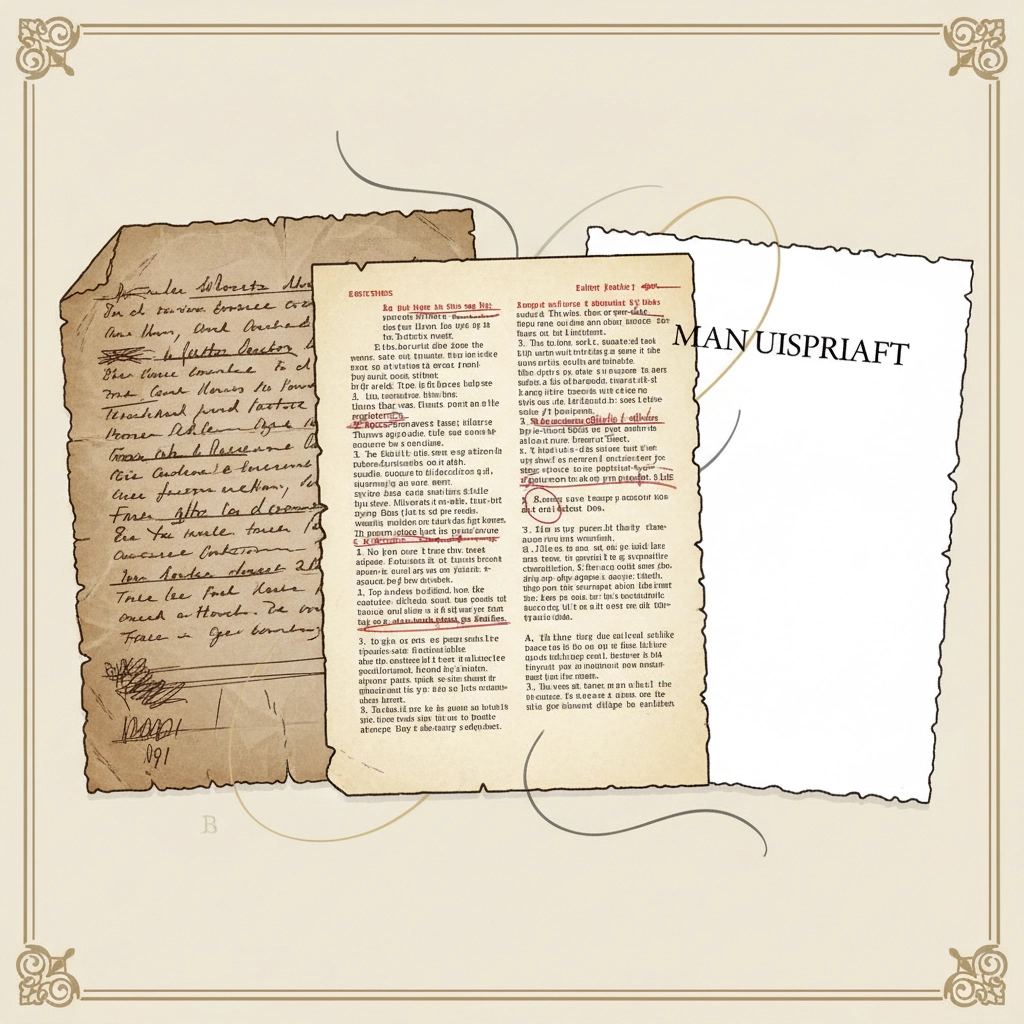 Three manuscript pages lie side by side—one handwritten, one typed and edited with red marks, and one clean and blank—symbolizing the editing and transformation process guided by a writing coach.