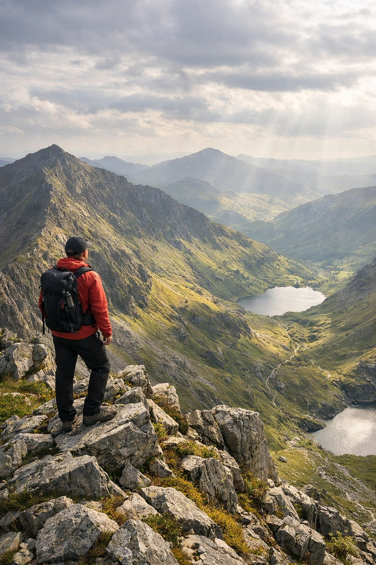 A hiker on a rocky ridge in Snowdonia National Park looking over mountain peaks on a guided hiking tour UK.