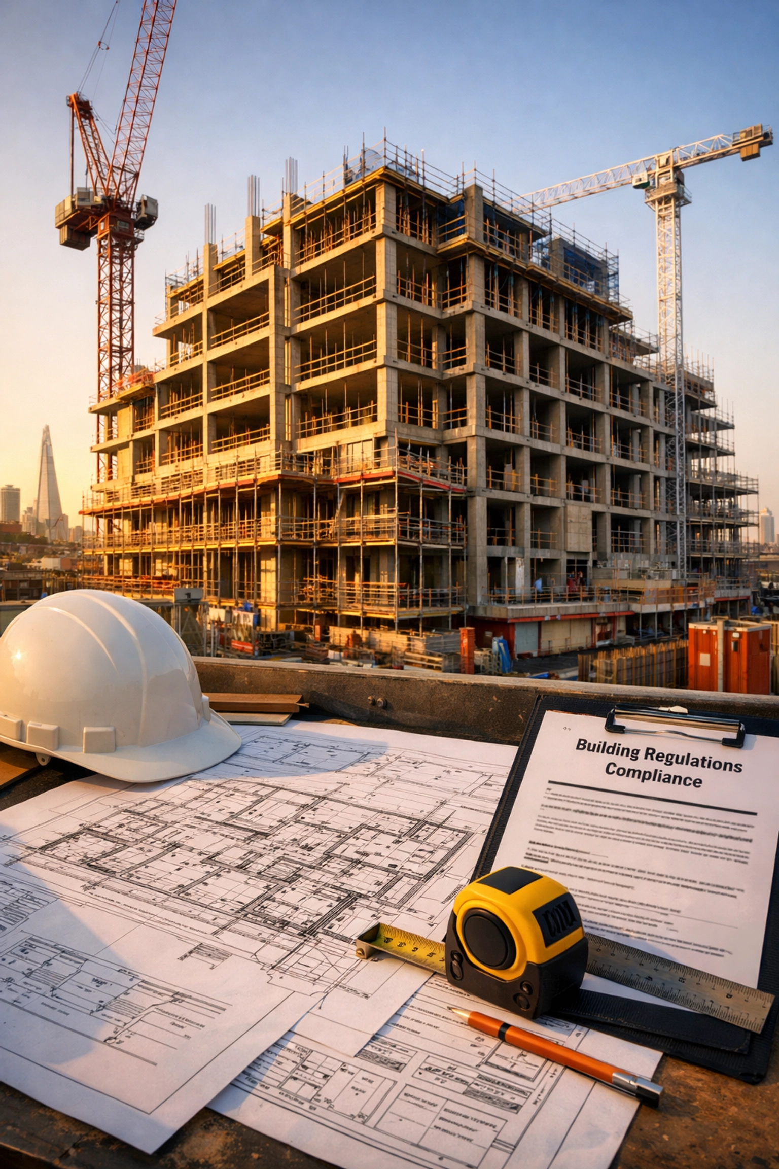 Building control compliance documents and construction plans at London residential development site