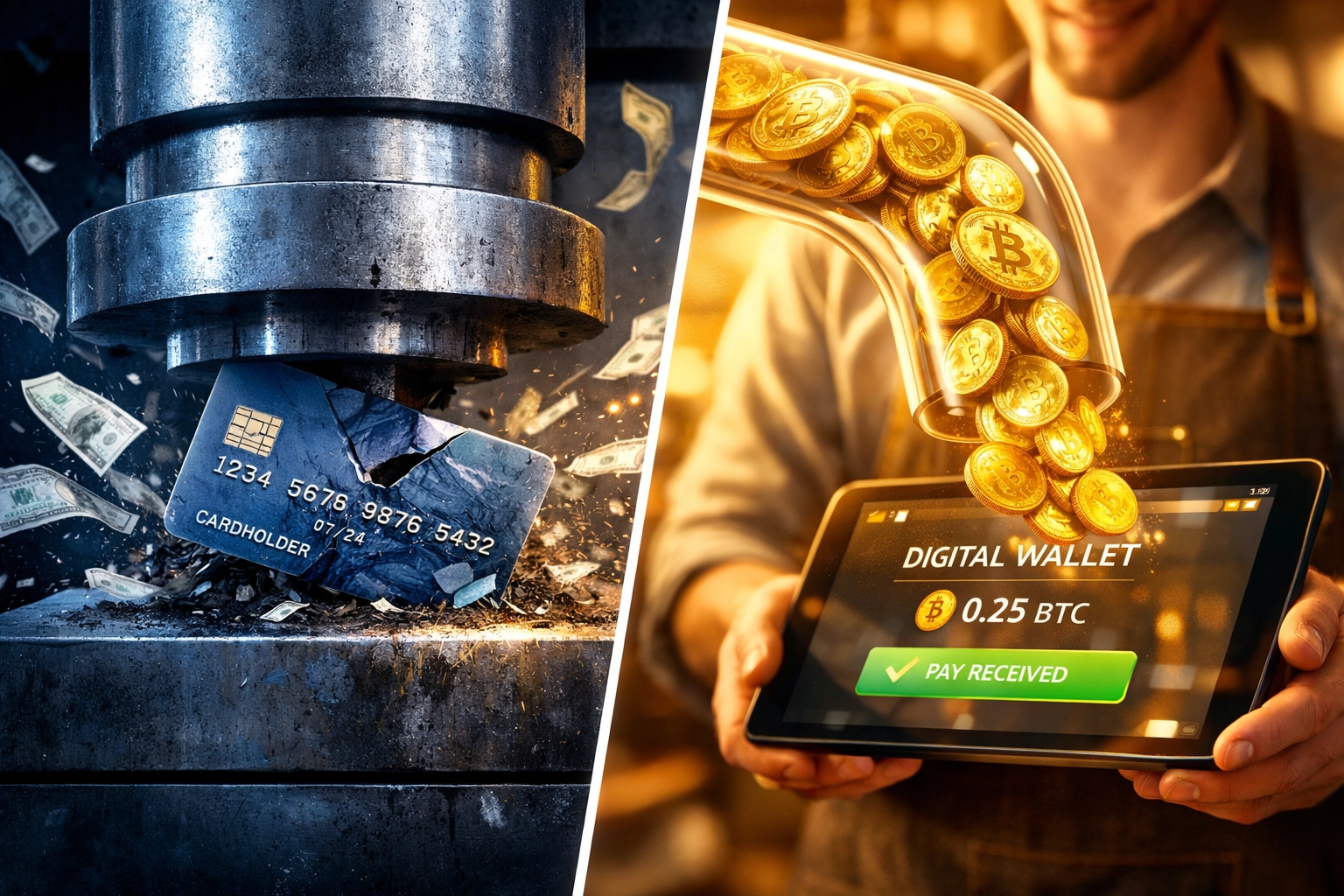 Traditional credit card fees versus crypto payments showing lower merchant interchange fees