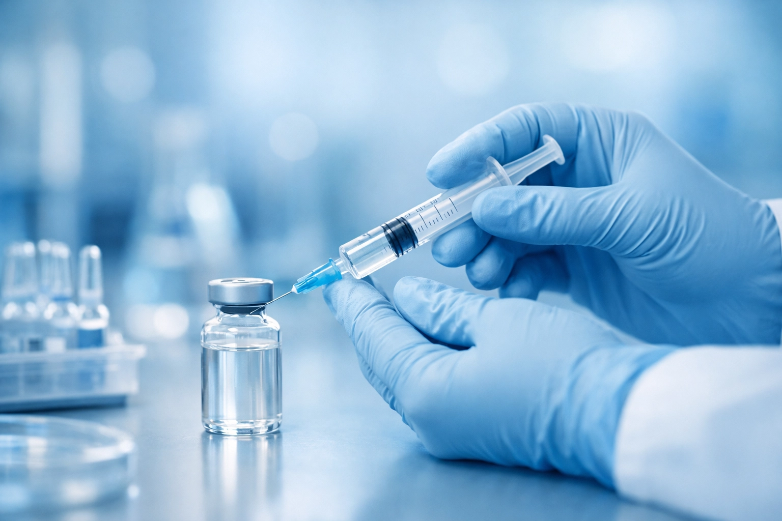Gloved hands preparing a syringe beside a sterile vial in a cool blue clinical lab environment