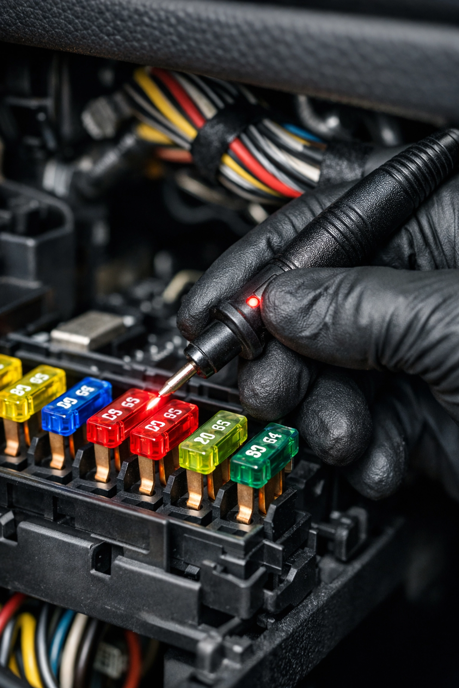 ASE certified mechanic using a diagnostic probe to test fuses for car electrical repair.
