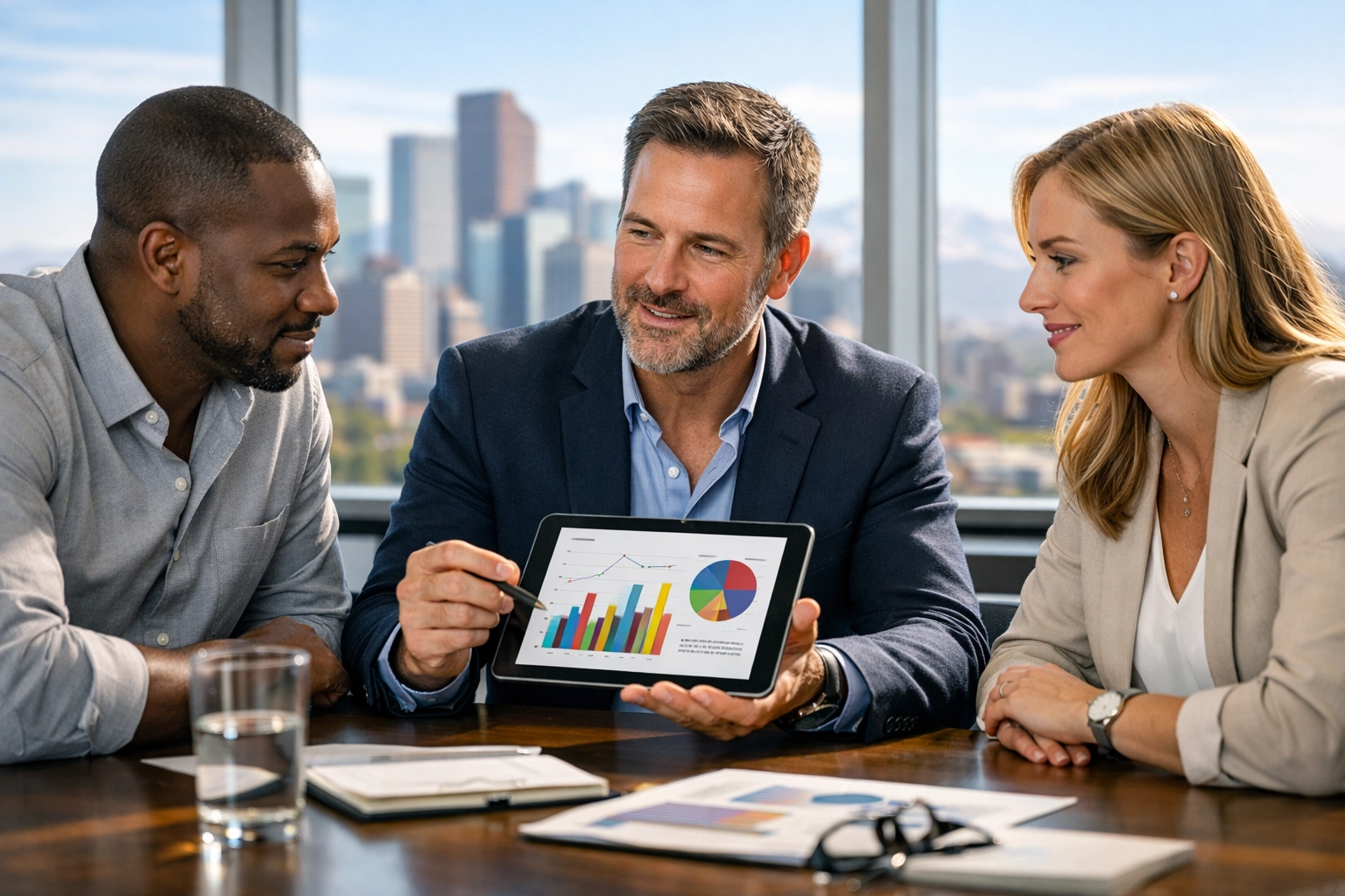 Professional marketing consultants at Dakdan Worldwide reviewing performance metrics in a modern boardroom.