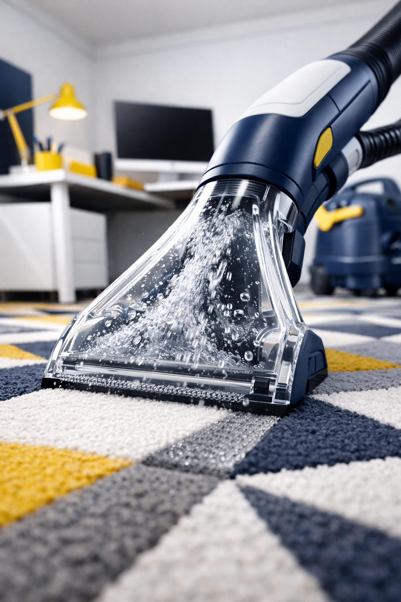 Professional carpet extractor machine suctioning liquid from deep within carpet fibers.