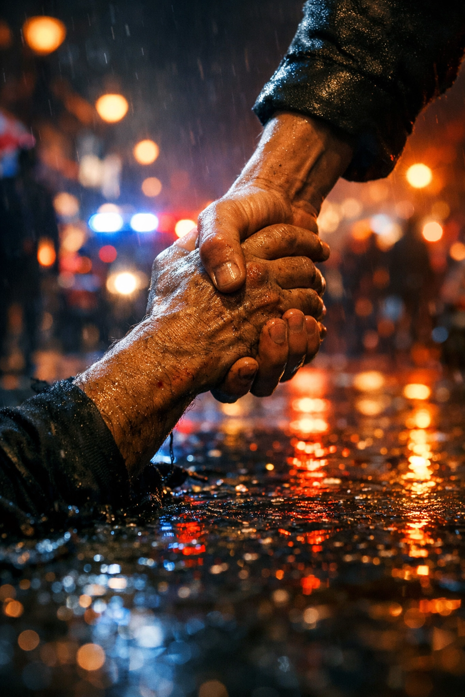 Two hands reaching and clasping in a supportive grip on a dark, crowded street, symbolizing proximity in peacemaking.
