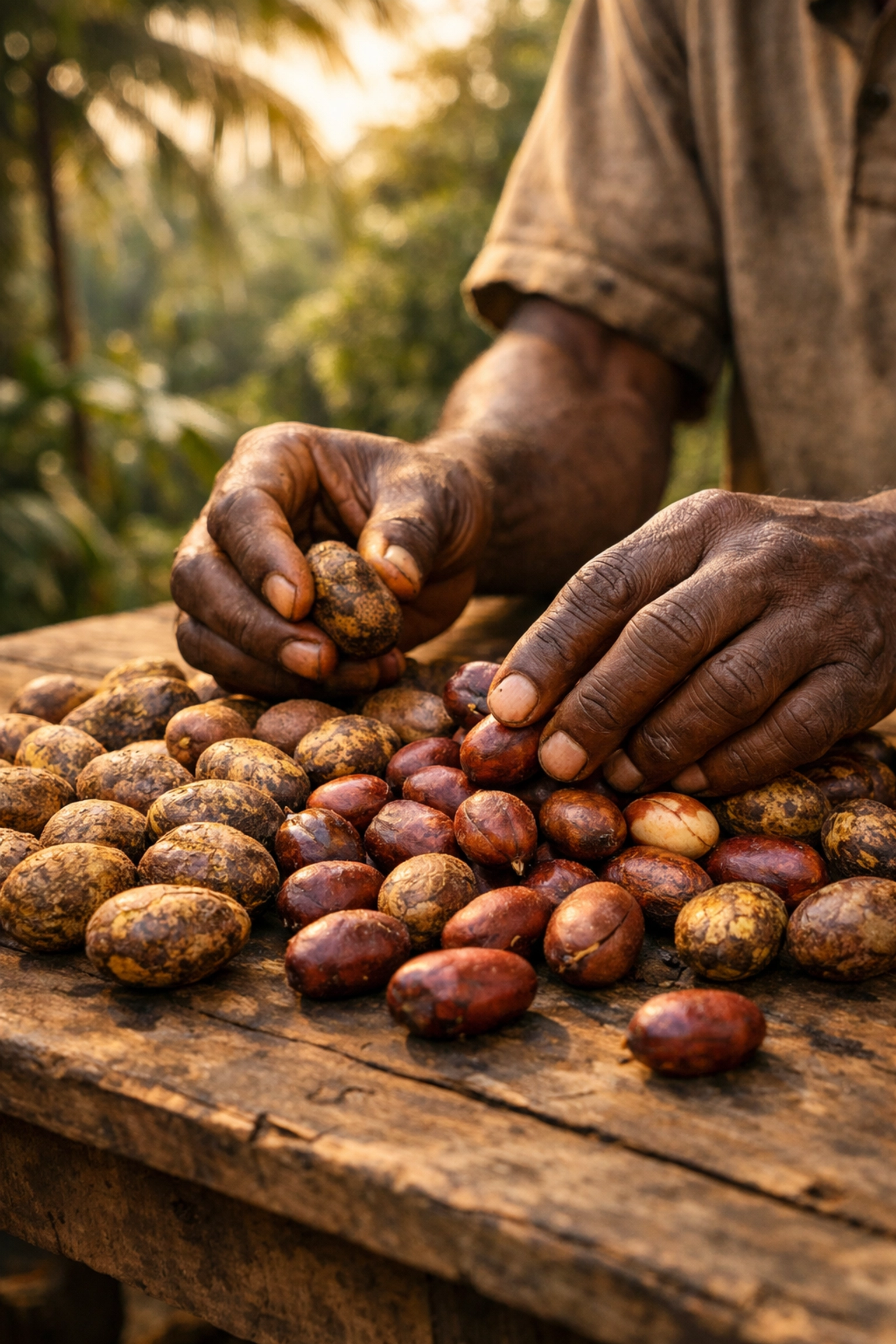 Nigerian farmer sorting fresh bitter kola nuts for premium wholesale export and agricultural sourcing.