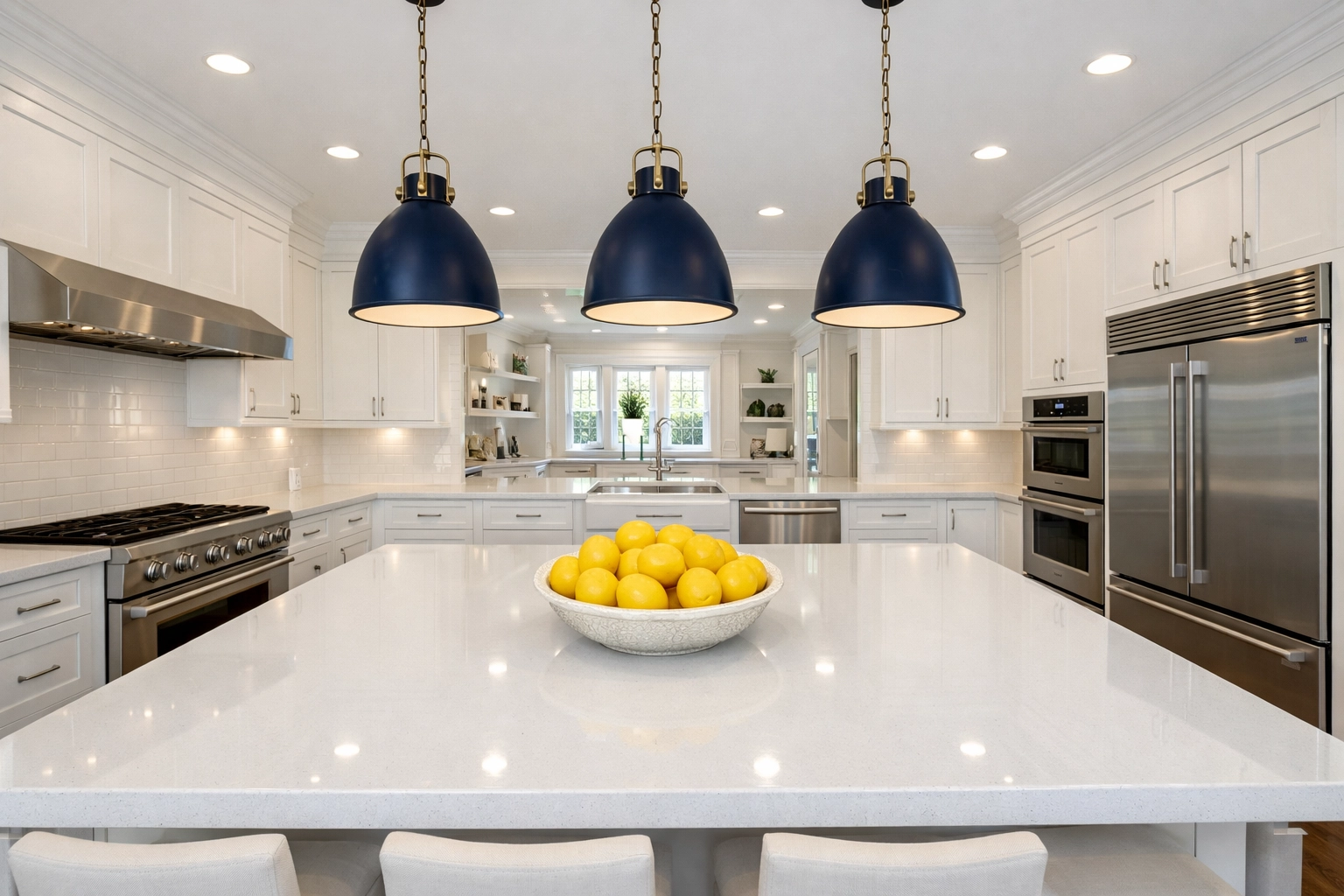 Pristine gourmet kitchen in a Lunenburg estate featuring clean quartz countertops and white cabinetry.