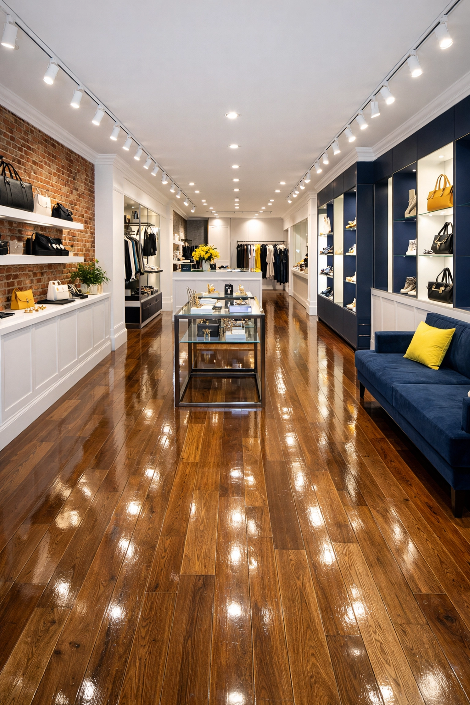 Polished hardwood floors in a clean Malden retail boutique showing professional floor maintenance.