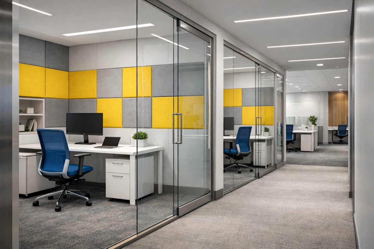 Sanitized and organized modern office space in Massachusetts with clean desks and glass walls.