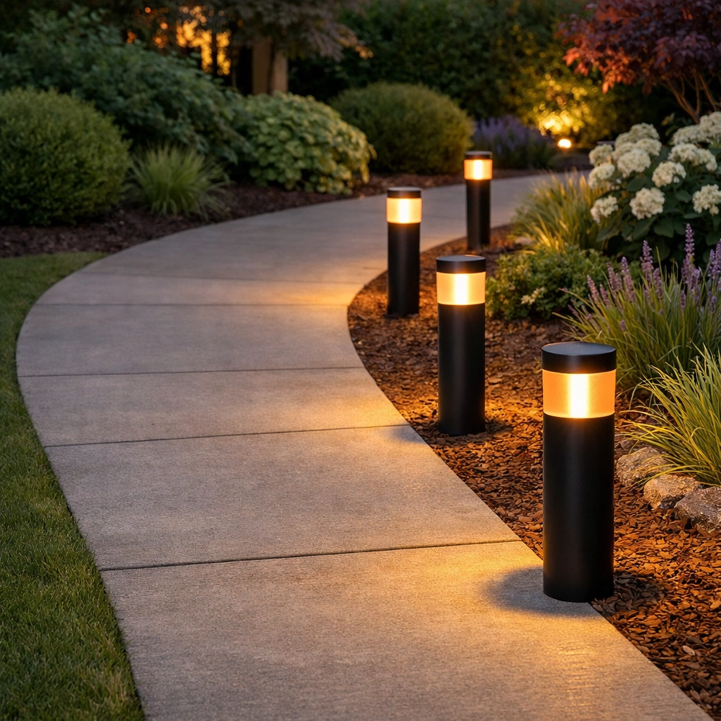 Warm solar lights illuminating a clean garden walkway at night to prevent tripping hazards.