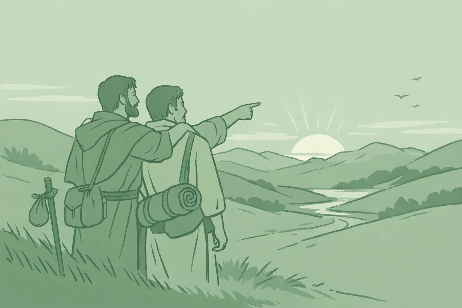 MM romance characters on spiritual journey together representing faith-positive queer love