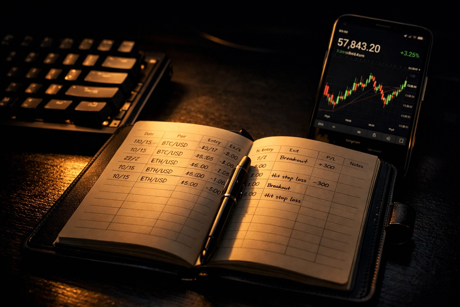 Crypto trader's journal with trade entries showing disciplined execution and risk management