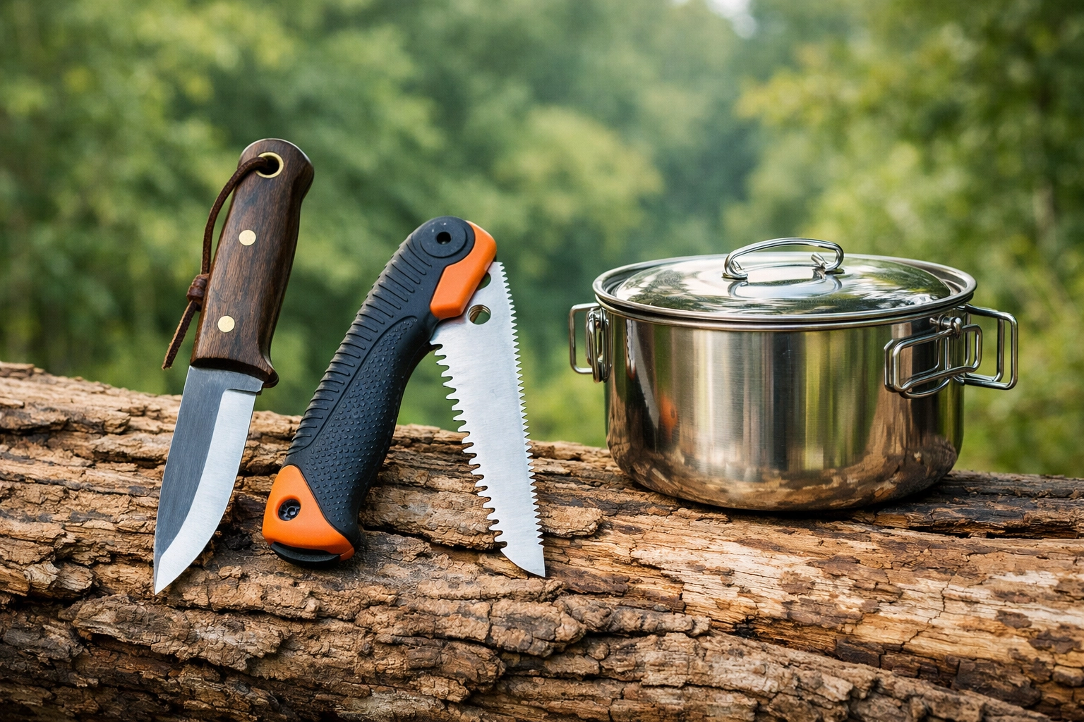 Essential survival tools including a bushcraft knife and folding saw for a camping adventure UK.