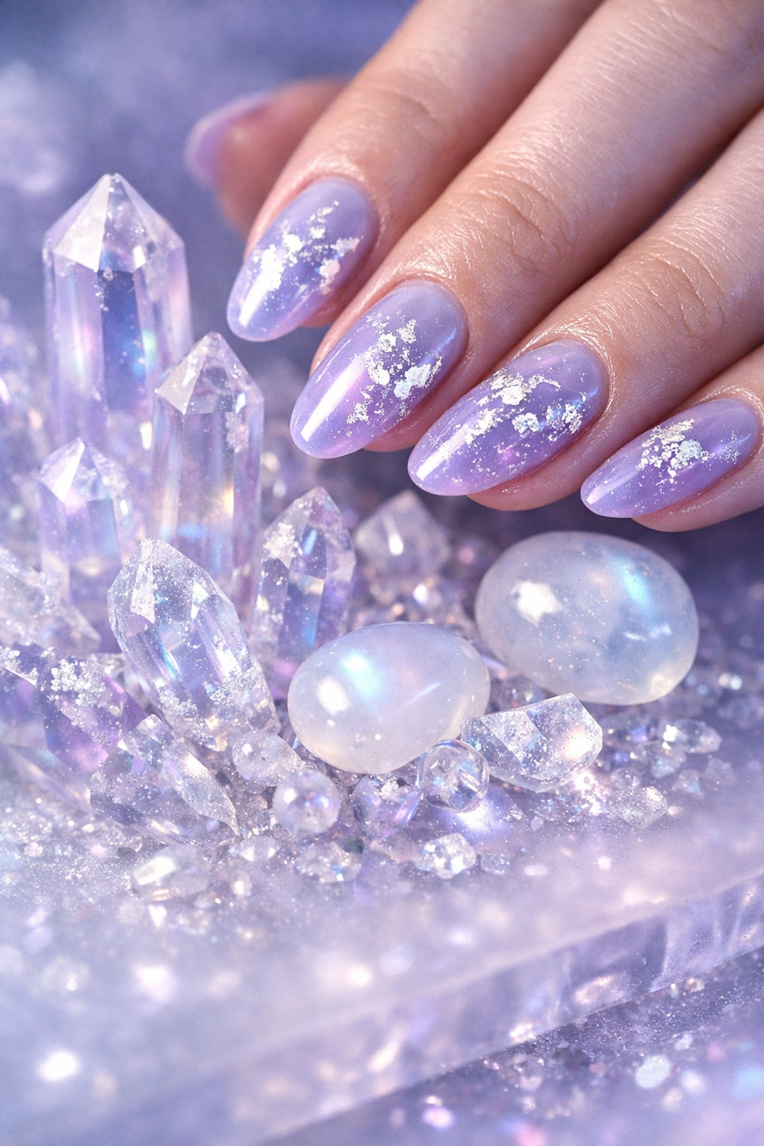 Lavender haze Japanese gel nails with silver foil accents and crystal decorations