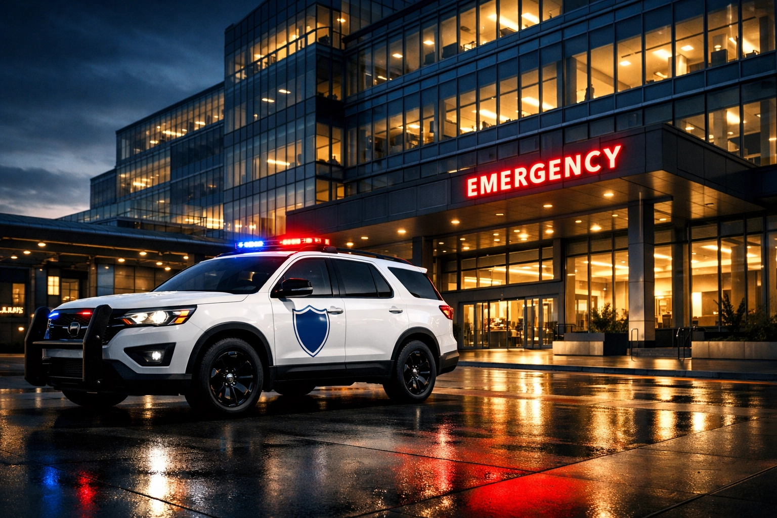 Alta Security Services patrol vehicle providing proactive hospital security in Richmond at dusk.